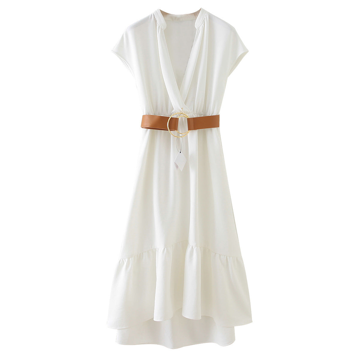 Summer Dress With V-neck And Belt Accessory