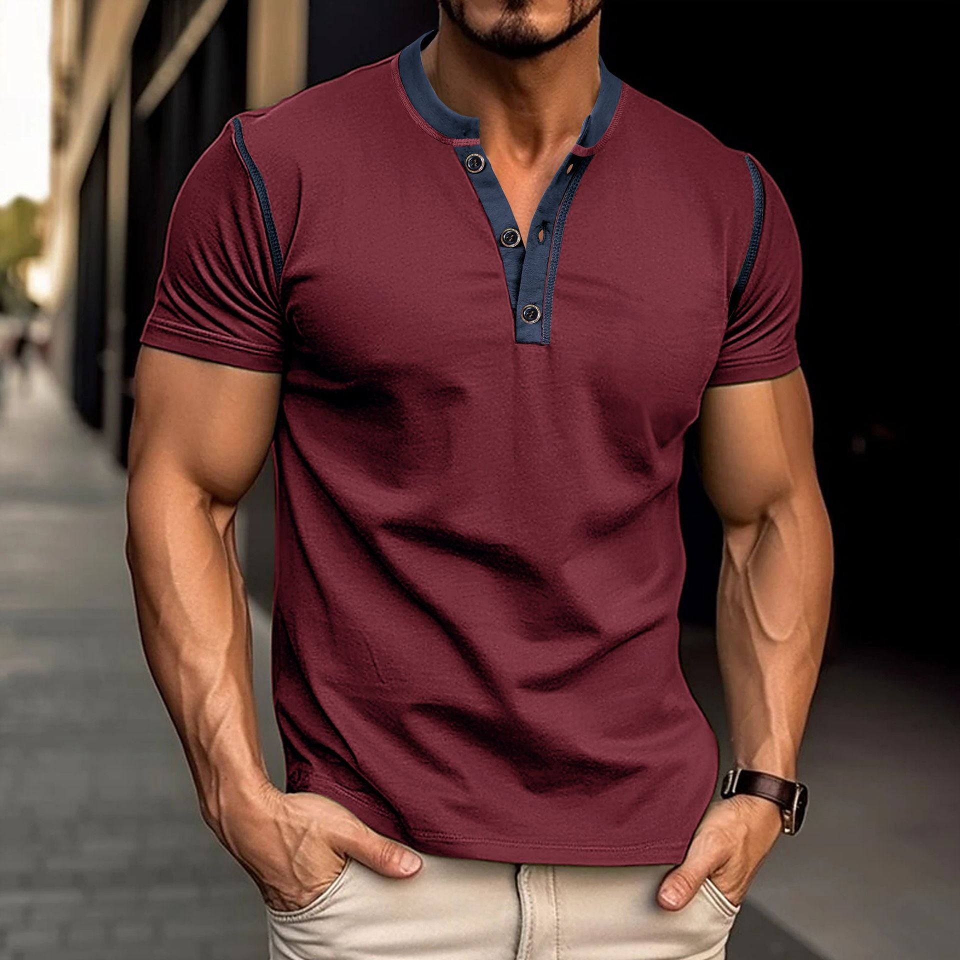 Fashion Short-sleeved Polo Shirt Button V-neck T-shirt Tops