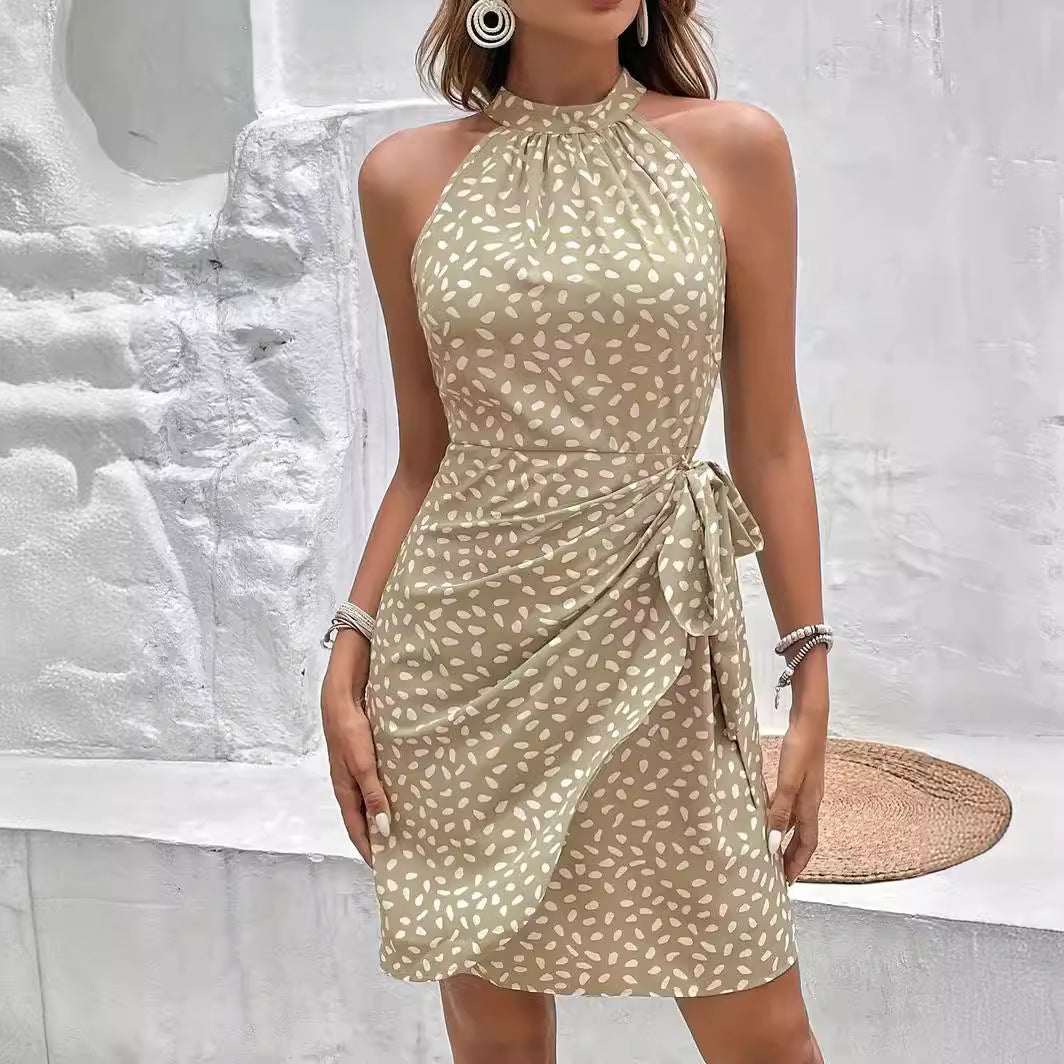 Printed Summer Dress With Halter Neck And Tied Waist