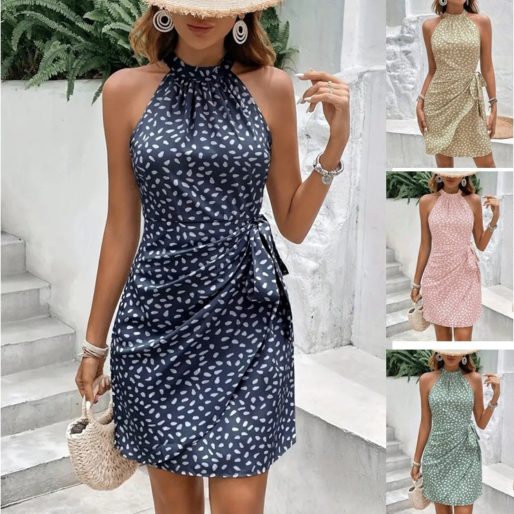 Printed Summer Dress With Halter Neck And Tied Waist